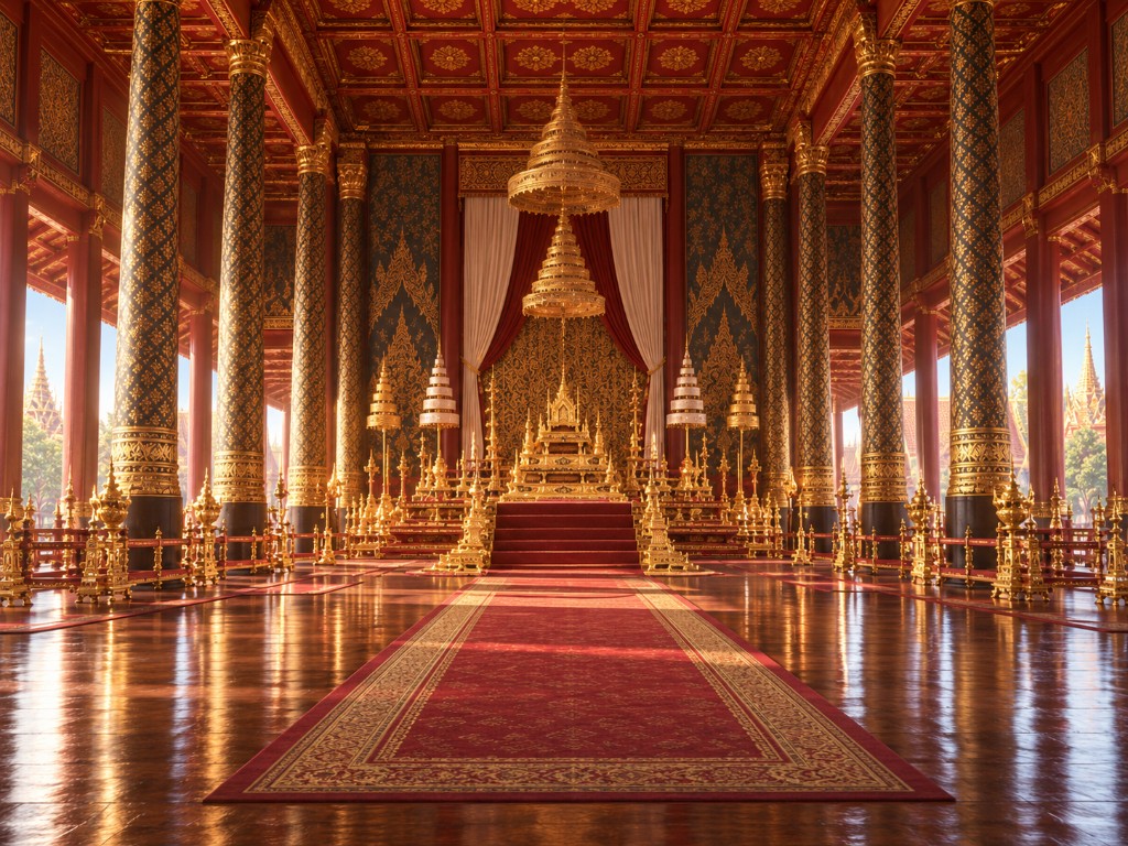 ท้องพระโรง เสาและรั้วสองข้าง บัลลังก์อยู่กึ่งกลาง